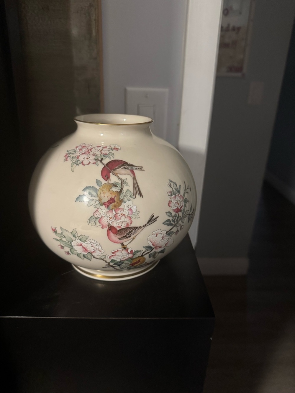 Lladro Cream Porcelain Vase with Pink Birds and Floral Motif